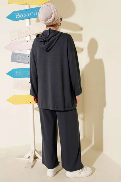 Loyşa Fermuarlı Cepli Kapüşonlu İkili Takım Füme - Resim 3