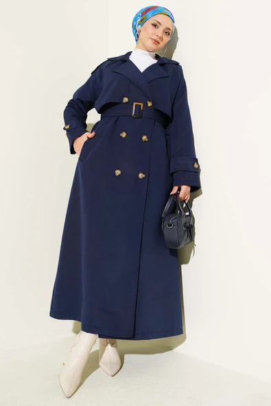 Kruvaze Pelerinli Kuşaklı Trençkot Lacivert ürün görseli 1