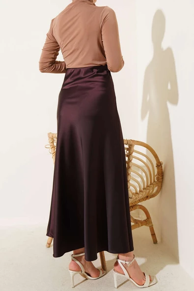 Bel Lastikli Saten Kloş Etek Acı kahve - Resim 3