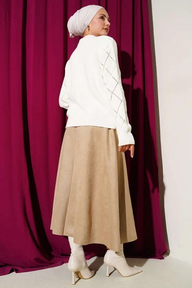 Delikli Çiçek Nakışlı Triko Hırka Ekru - Resim 3