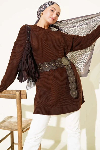 Çizgi Baklava Desen Triko Tunik Kahve ürün görseli