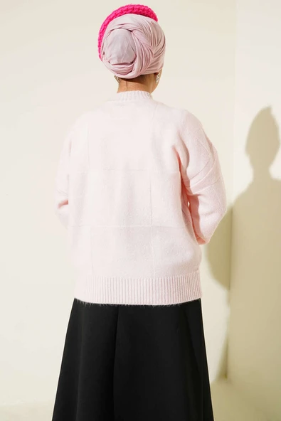 Kare Desenli Triko Kazak Pudra - Resim 3