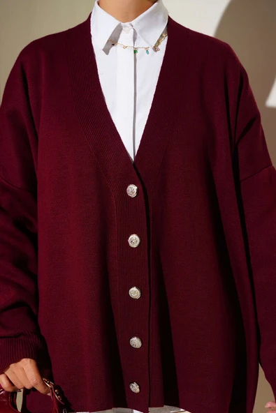 Basic Düğmeli Triko Hırka Bordo - Resim 4