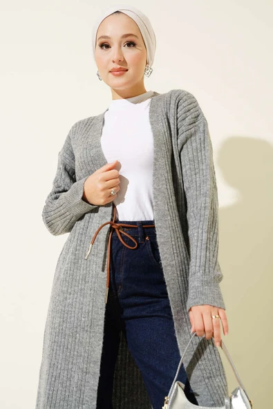 Salaş Fitilli Uzun Hırka Gri - Resim 2