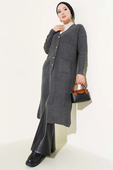 Düğmeli Cepli Uzun Triko Hırka Füme - Resim 2