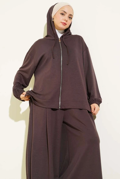 Loyşa Basic Fermuarlı Kapüşonlu İkili Takım Kahve - Resim 2