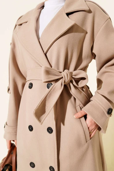 Kuşaklı Düğme Detaylı Kaşe Kaban Bej - Resim 4