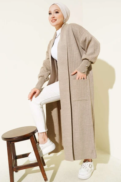 Kol Ucu Düğmeli Şal Yaka Triko Hırka Vizon - Resim 2