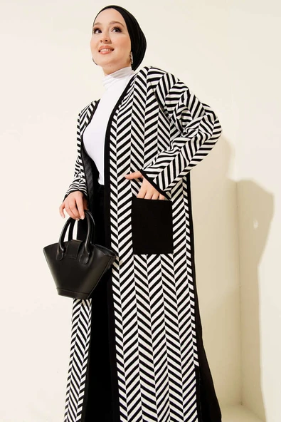 Zikzak Çizgili Desenli Uzun Triko Hırka Siyah - Resim 2
