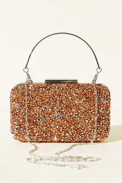 Dikdörtgen Taşlı Kulplu Abiye Çanta Bakır - Resim 2