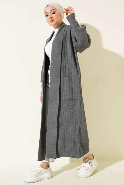 Kol Ucu Düğmeli Şal Yaka Triko Hırka Füme ürün görseli 1