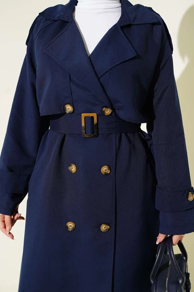 Kruvaze Pelerinli Kuşaklı Trençkot Lacivert - Resim 4