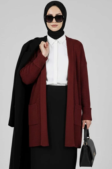 Şal Yaka Pirinç Örgü Triko Hırka Bordo ürün görseli 1