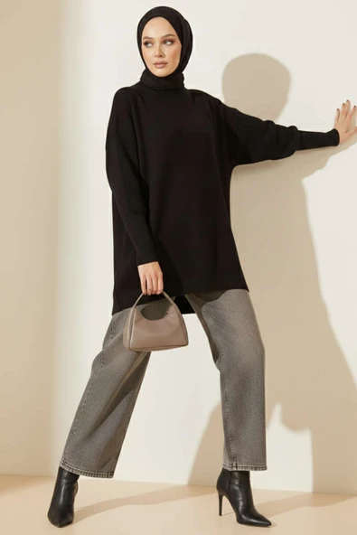 Düşük Kol Detaylı Triko Tunik Siyah ürün görseli