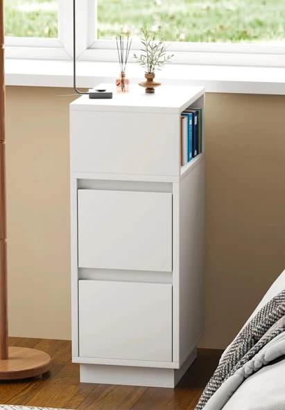 Alve Dar Komodin – 2 Çekmeceli, Değiştirilebilir Açık Bölmeli Yan Sehpa Yatak Odası & Oturma Odası Minimal Tasarım - Resim 2