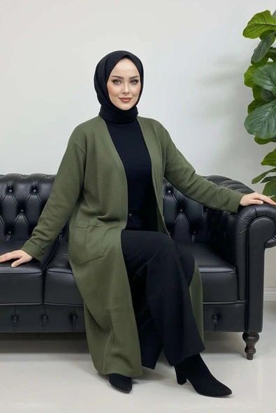 Basic Çift Cepli Uzun Triko Hırka Haki - Resim 2