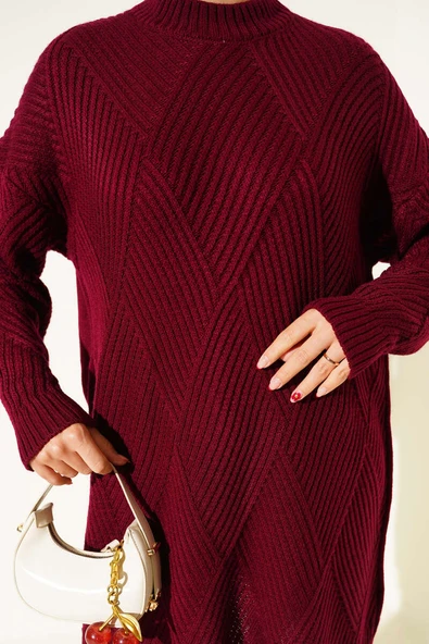 Çizgi Baklava Desen Triko Tunik Bordo - Resim 4