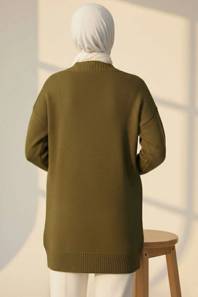 Çift Cepli Düğmeli Triko Hırka Haki - Resim 3