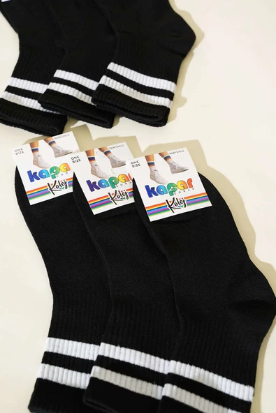 Kadın 6lı Şeritli Kolej Çorap Siyah - Resim 2