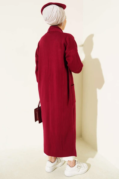 Kol Ucu Düğmeli Şal Yaka Triko Hırka Bordo - Resim 3