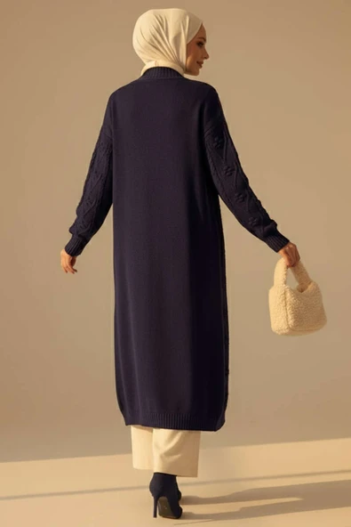 Örgü Kabartma Desenli Uzun Triko Hırka Lacivert - Resim 3