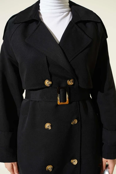 Kruvaze Pelerinli Kuşaklı Trençkot Siyah - Resim 4