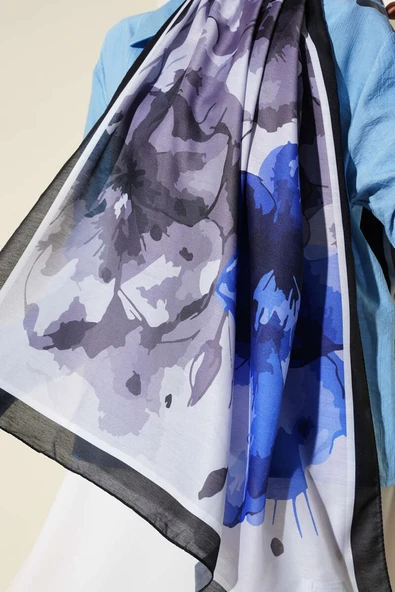 Ebruli Çiçek Desen Soft Şal Mavi Siyah - Resim 4