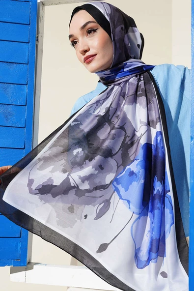 Ebruli Çiçek Desen Soft Şal Mavi Siyah - Resim 2