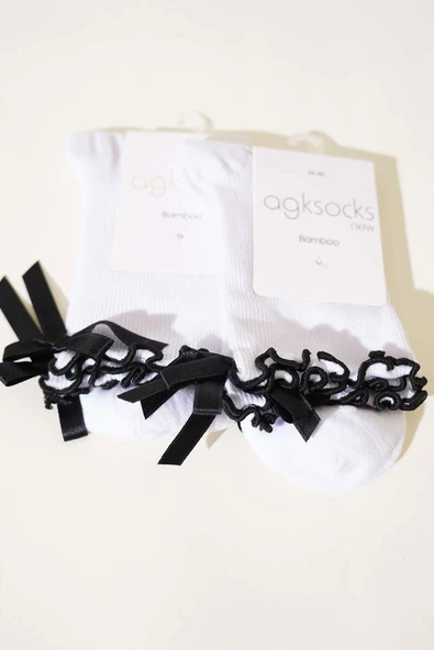 Bayan 3lü Kurdeleli Soket Çorap Beyaz - Resim 2