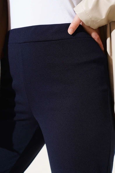İspanyol Paça Bel Lastikli Dabıl Pantolon Lacivert - Resim 4