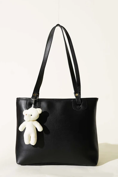 İnce Kulplu Ayıcık Aksesuarlı Çanta Siyah Siyah - Resim 2