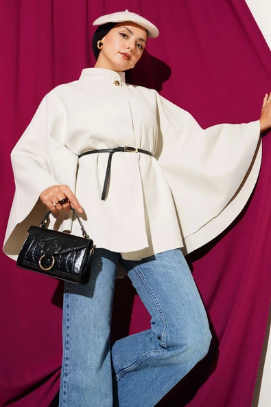 İnce Kemer Detaylı Kaşe Panço Taş ürün görseli 1