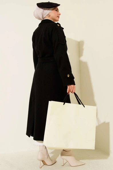 Omuz Apoletli Düğme Detaylı Kaşe Kaban Siyah - Resim 3