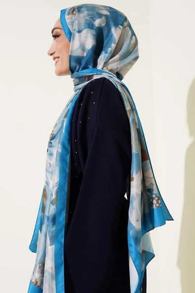 Çiçek Desen Twill Şal Mavi - Resim 3