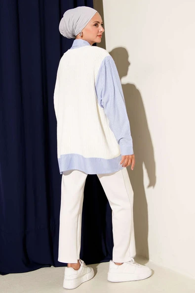 Gömlek Yaka Çizgili Triko Tunik Ekru - Resim 3
