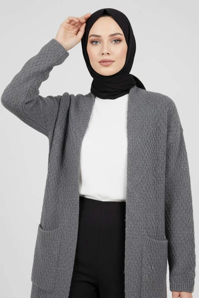 Geniş Cepli Uzun Triko Hırka Füme - Resim 2