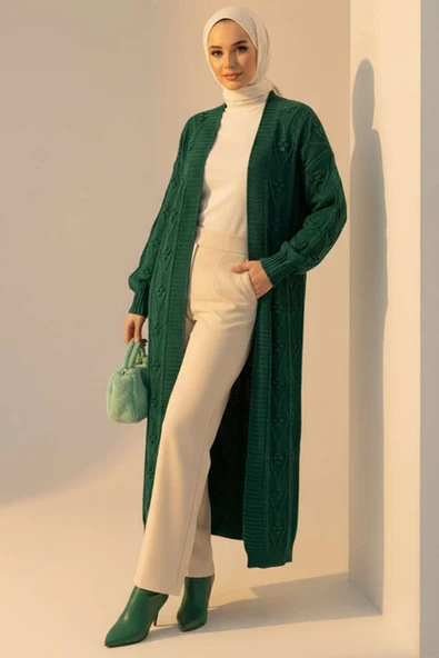 Örgü Kabartma Desenli Uzun Triko Hırka Zümrüt - Resim 2