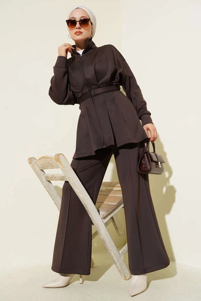 Uzun Pensli Kemerli İkili Takım Kahve ürün görseli 1