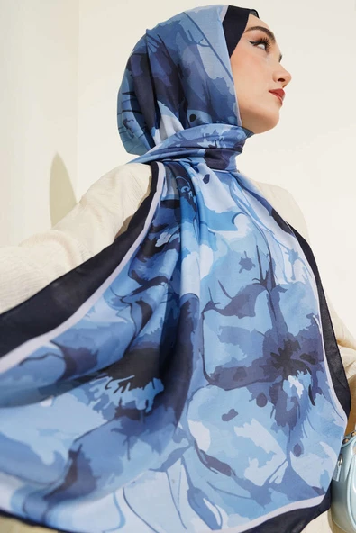 Ebruli Çiçek Desen Soft Şal İndigo - Resim 2