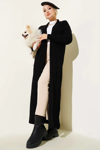 Zikzak Desenli Uzun Triko Hırka Siyah ürün görseli