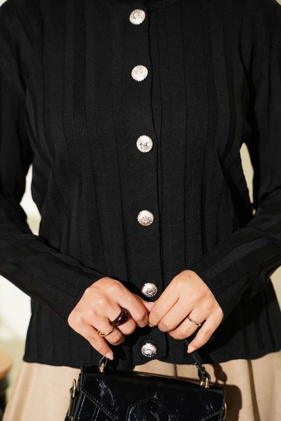 Fitilli Düğmeli Triko Hırka Siyah - Resim 4