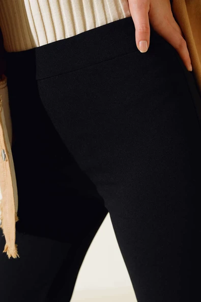 İspanyol Paça Bel Lastikli Dabıl Pantolon Siyah - Resim 4