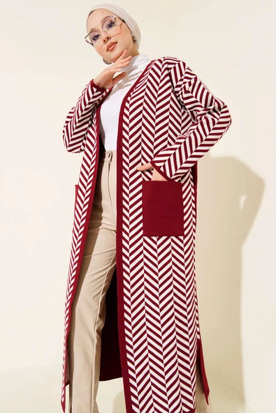 Zikzak Çizgili Desenli Uzun Triko Hırka Bordo - Resim 2