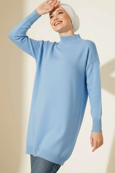 Düşük Kol Detaylı Triko Tunik Mavi ürün görseli