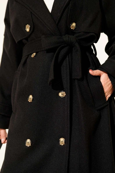 Omuz Apoletli Düğme Detaylı Kaşe Kaban Siyah - Resim 4