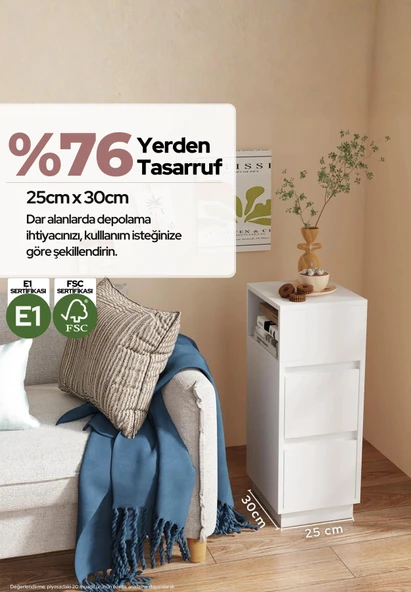 Alve Dar Komodin – 2 Çekmeceli, Değiştirilebilir Açık Bölmeli Yan Sehpa Yatak Odası & Oturma Odası Minimal Tasarım - Resim 6