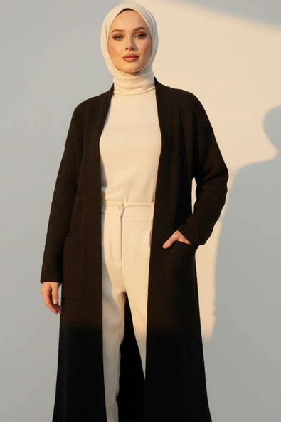 Geniş Cepli Uzun Triko Hırka Siyah - Resim 2