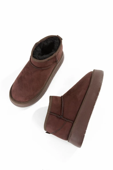 Kahve Süet Kalın Taban İçi Yünlü Kürklü Kadın Bot FON44 - Resim 2