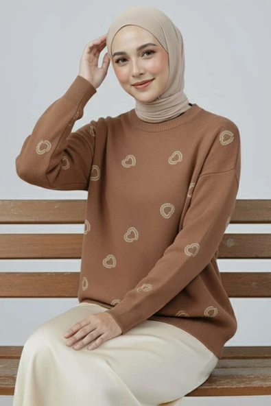 Kalp Nakışlı Triko Kazak Vizon - Resim 2