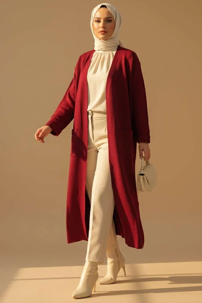 Basic Çift Cepli Uzun Triko Hırka Bordo ürün görseli